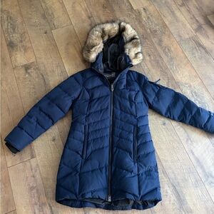 Eddie Bauer Dark Blue Down Parka with Faux Fur Trim